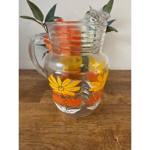 Vintage‎ Floral Glass Pitcher Retro Orange Yellow Daisy Water Jug MCM Kitchen